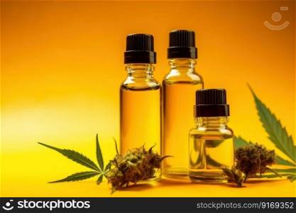 medical marijuana oil bottles on yellow background Generative AI.