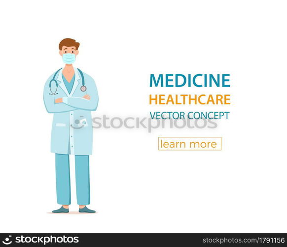 Medical men in face protection mask cartoon characters vector illustration. Doctor professional guy for fighting the coronavirus. Stop the covid-19 healthcare concept with hospital worker.. Medical people in face protection mask cartoon characters vector illustration