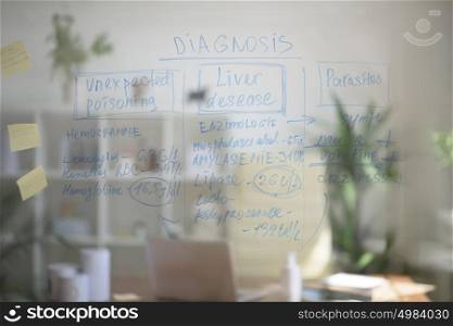 Medical office background. View of transparent, glass board with test results