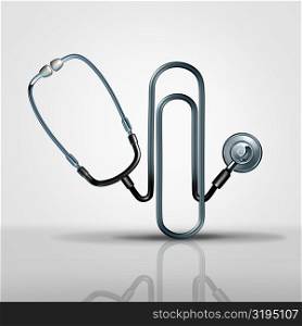 Medical office management health care administration concept as a 3D illustration stethoscope shaped as a business paperclip or paper clip as a hospital or doctor file and records administrative icon.