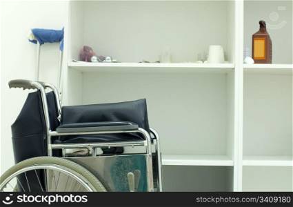 Medical orthopedic surgery with wheelchair and crutches
