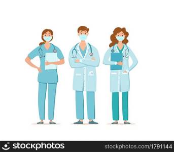 Medical people in face protection mask cartoon characters vector illustration. Doctors professional team for fighting the coronavirus. Stop the covid-19 healthcare concept with hospital workers.. Medical people in face protection mask cartoon characters vector illustration