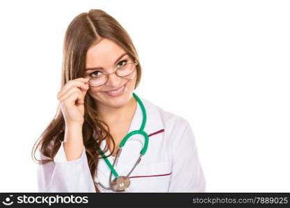 Medical person for health insurance. Closeup woman face looking through glasses. Female doctor in lab coat with stethoscope isolated on white background