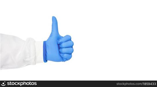 Medical personnel hand thumb up isolated on white background with copy space and clipping path