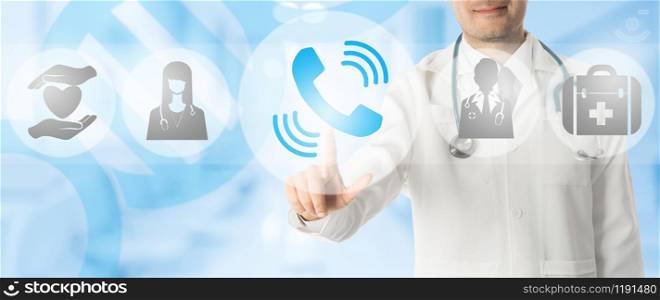 Medical Phone Consultation Concept - Doctor points at phone call icon showing communication with patient healthcare consultancy on blue abstract background.