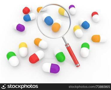 Medical pills and magnifying glass on a white background. 3d render illustration.. Medical pills and magnifying glass .