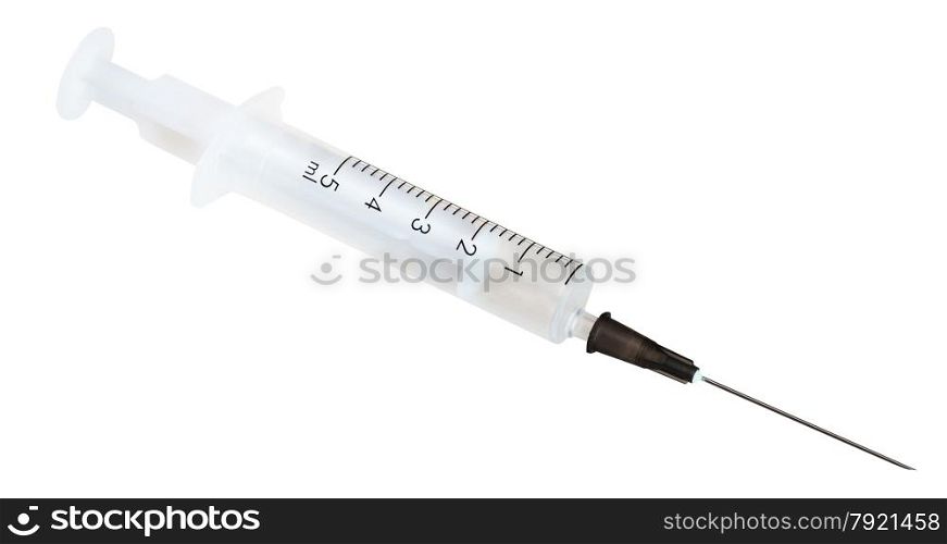 Medical plastic disposable 5 ml syringe isolated on white background