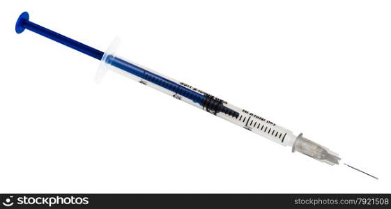 Medical plastic disposable insulin syringe isolated on white background