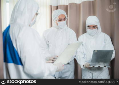 Medical professionals doctor wear surgical masks to prevent the spread of the virus and working in hospital, coronavirus COVID-19 flu protection concept