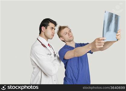 Medical professionals looking at chest x-ray over light gray background