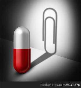 Medical records and patient therapy administration as a pharmacy medication pill casting a shadow shaped as a paperclip as a 3D illustration.