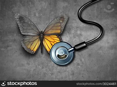 Medical recovery and healing through doctor rehabilitation concept as a grey butterfly being revived through treatment by a stethoscope with 3D illustration elements.