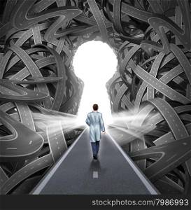 Medical research and development concept with a hospital doctor in a labcoat walking towards a group of tangled roads with a keyhole opening as a metaphor for success in medicine and health care.