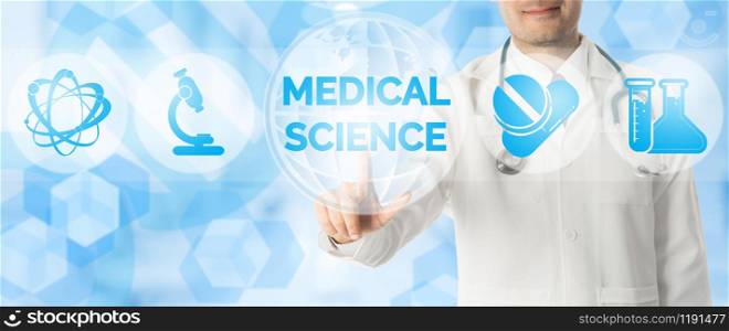 Medical Research Concept - Doctor points at MEDICAL SCIENCE with icons showing symbol of technology, hospital research lab and innovation on blue abstract background.
