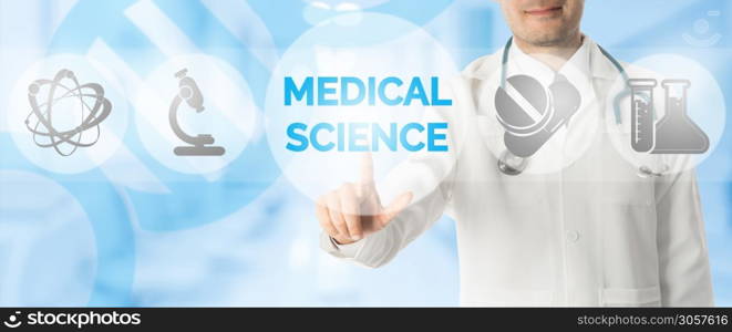 Medical Research Concept - Doctor points at MEDICAL SCIENCE with icons showing symbol of technology, hospital research lab and innovation on blue abstract background.