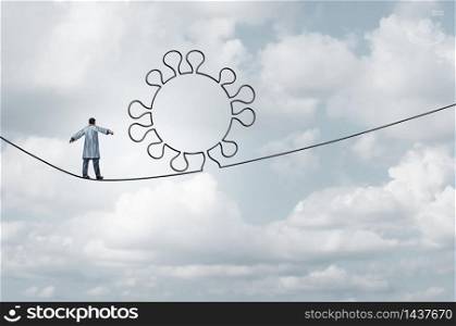 Medical research risk as a doctor or researcher scientist walking on a tight rope high wire shaped as a virus disease cell as a health care and medicine concept in a 3D illustration style.