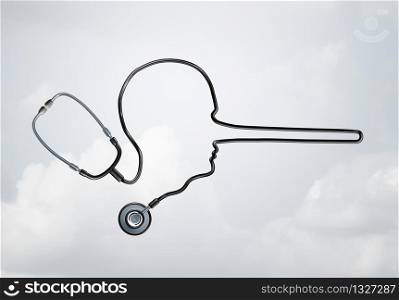 Medical scam and medicine industry lies concept and healthcare pharmaceutical fraud concept as a dishonest doctor health care stethoscope symbol as an illegal medication icon as a 3D illustration.