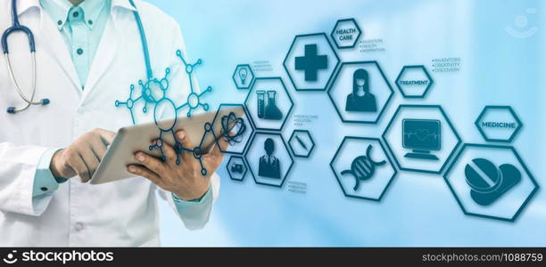 Medical Science Concept - Doctor in hospital lab with medical research icons in modern interface showing symbol of medicine innovation, medical treatment, discovery and doctoral analysis.