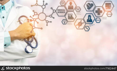 Medical Science Concept - Doctor in hospital lab with medical research icons in modern interface showing symbol of medicine innovation, medical treatment, discovery and doctoral analysis.