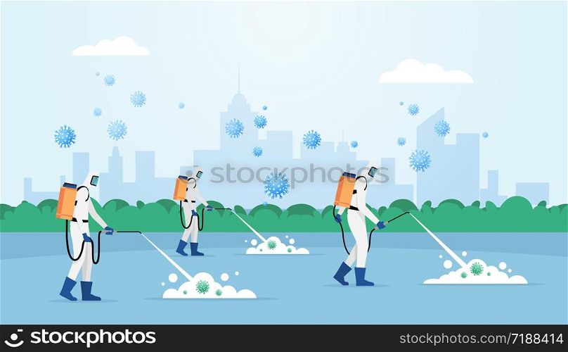 Medical scientist cleaning and disinfecting covid-19 coronavirus cells in modern city street cityscape. Epidemic virus concept. Pandemic health risk.