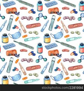 Medical seamless pattern with thermometer, injection, pills, vaccine. Watercolor hand drawn pattern with medical supplies. Health care background
