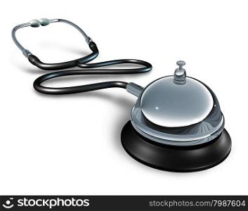 Medical services and private medicine concept as a doctor stethoscope with a service bell as a symbol of quality hospital patient health care treatment service.