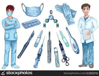 Medical set with syringe for injection, pills, vaccine and cute male doctors. Watercolor hand drawn illustration with medical supplies.