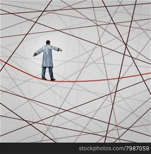 Medical solution health care concept as a doctor walking on a red tightrope or highwire around a group of tangled wires as a symbol of challenges in insurance and the risk in illness treatment for patients.