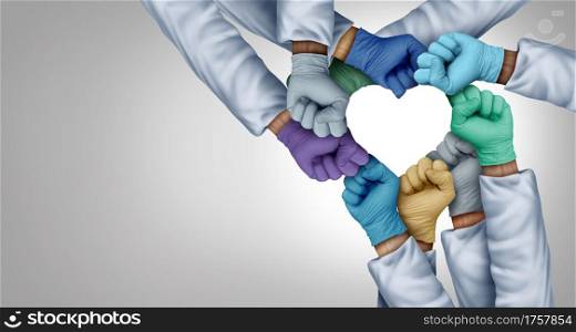 Medical staff unity and doctors working together and medical teamwork or health workers unity and global healthcare partnership as a group of diverse medics connected together shaped as a heart in a 3D illustration style.