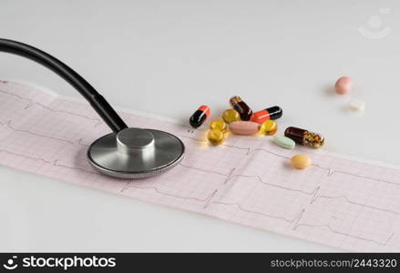 medical stethoscope with pills and cardiogram on a light background. stethoscope with cardiogram