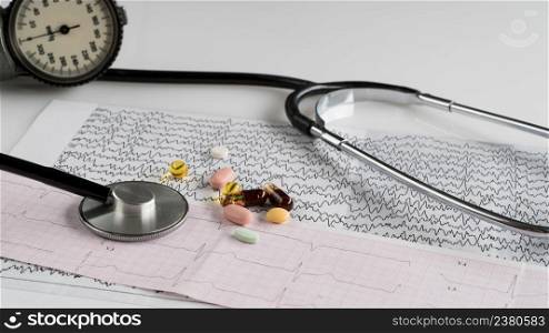 medical stethoscope with tonometer and ecg on a light background. stethoscope with cardiogram