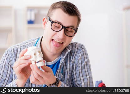 Medical student studying skeleton in classroom during lecture