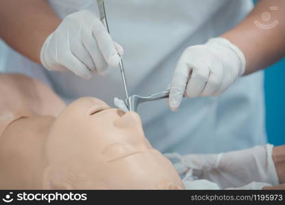 Medical students are using two medical tools to model the nasal cavity.