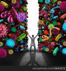 Medical success concept as a doctor or specialist physician opening a wall made of viruse bacteria and cancer disease cells as healthcare or health care symbol for medication treatmnt and cure or scientific breakthrough in medicine science.