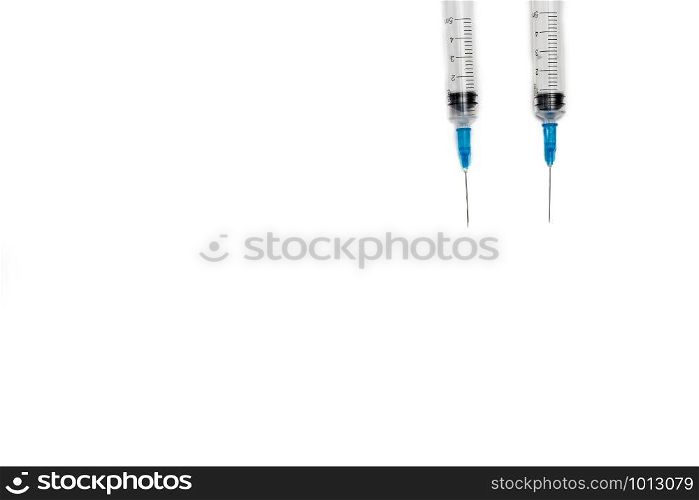 Medical syringe isolated over white background, injection needles for medical use, space for text. Medical syringe isolated over white background, injection needles for medical use,