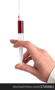 Medical Syringe With Blood in Mans Hand Isolated on White - With Clipping Path