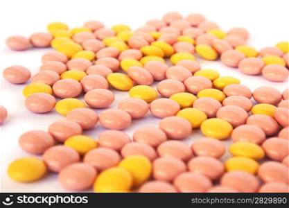 Medical tablets on white background, closeup picture.