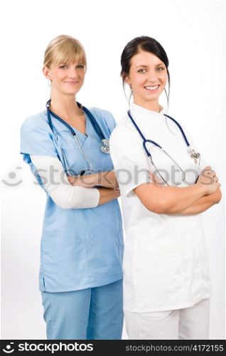 Medical team doctor young nurse female smiling look at camera