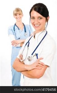 Medical team doctor young nurse female smiling look at camera