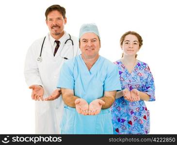 Medical team holding their hands open indicating caring and acceptance. Isolated on white.