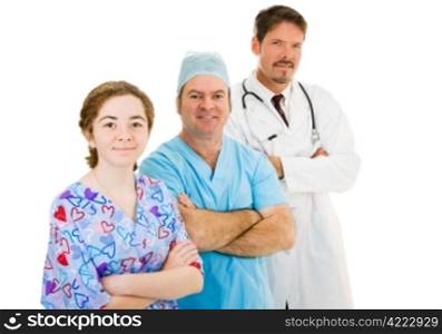 Medical team of doctor, surgeon, and nurse over white background.