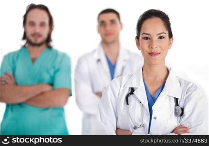 Medical team of Doctors and male nurse, women on front