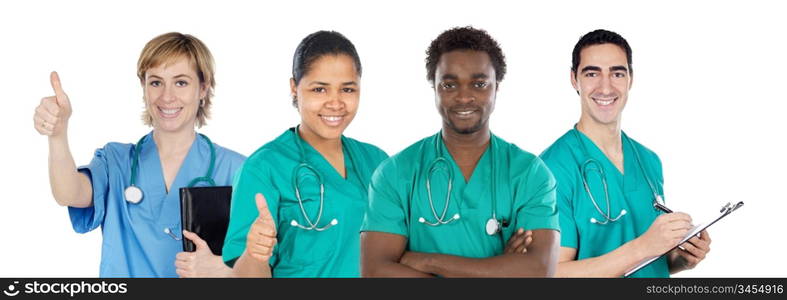 Medical team of four doctors on a over white background