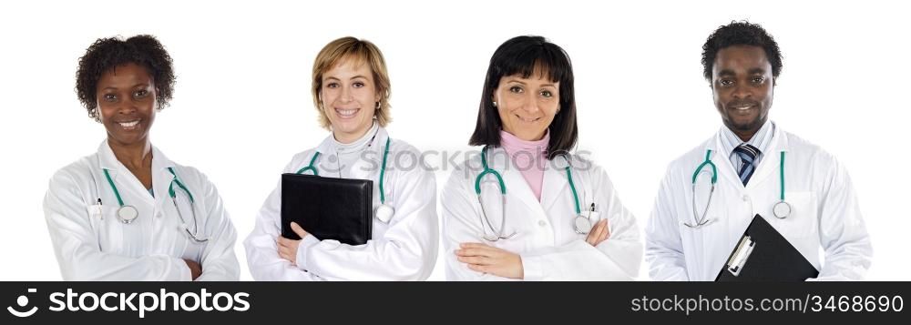 Medical team of four doctors on a over white background