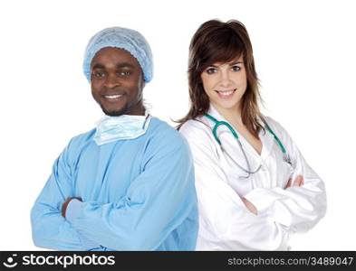 Medical team of surgeon on a over white background