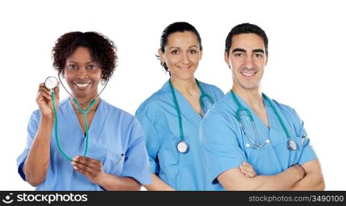 Medical team of three doctors on a over white background
