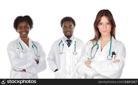 Medical team of three doctors on a over white background