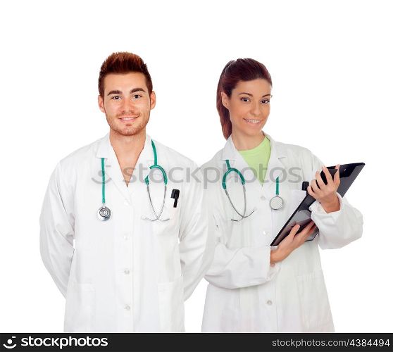 Medical team of young doctors isolated on a white background