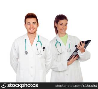 Medical team of young doctors isolated on a white background
