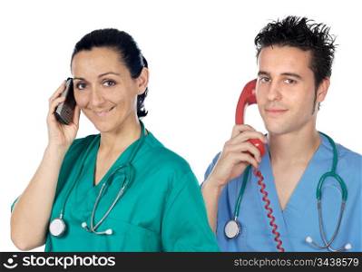 Medical team to the phone on a over white background